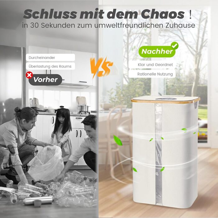 Laundry basket with 2 compartments, deposit bottle collection container with lid, container for deposit bottles & glass recycling & paper waste, deposit bottle container bamboo with bag, must-have (Beige, 100L)
