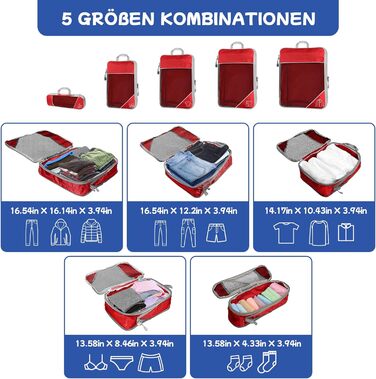 Набір компресійних органайзерів для валізи та рюкзака 5 шт. червоного кольору - ідеальний органайзер для подорожей