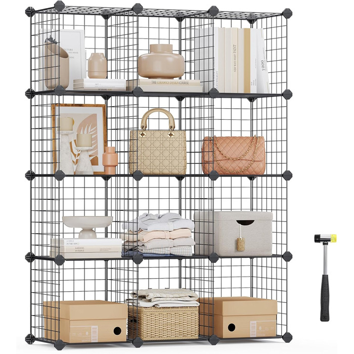 SONGMICS Grid Panel Storage Rack, Shelving System, Cube Storage, Set of 12 Cubes, for Shoes, Books, Living Room, Bedroom, Expandable, 31 x 93 x 123 cm, White LPI34W (Black)