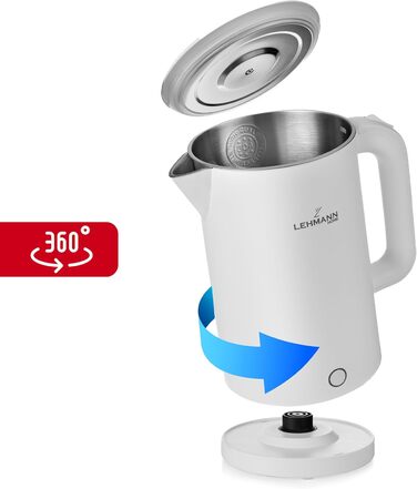 Електричний чайник LEHMANN з нержавіючої сталі 1.7L, 2200W, швидкий нагрів, подвійні стінки, автовимкнення та захист від перегріву, BPA-free, для дитячого харчування, чаю та кави (білий)