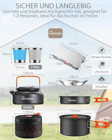 Набір кухонного посуду для кемпінгу HOMGEN: каструлі та сковорідки з алюмінію, легкий, для 2-3 осіб, з сумкою, для кемпінгу, пікніків, походів