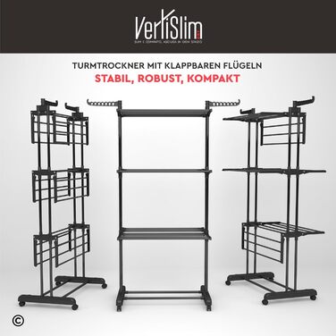 Сушарка для білизни VertiSlim складана, вежа з 4 рівнями, нержавіюча сталь, на колесах, чорна - для дому та вулиці