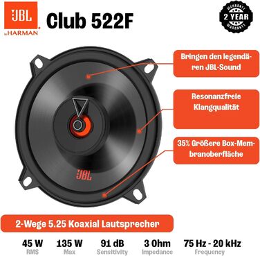 Автомобільні динаміки JBL Club 522F 135 Вт 13 см, 2-смугові, чорні, Harman Kardon