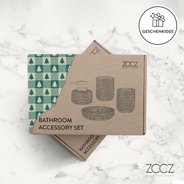 ZCCZ Bathroom Set – 4-Piece Organizer Set with Toothbrush Holder, Soap Dispenser, Cosmetic Bowl, and Cotton Swab Holder – Elegant Stone-Look Decoration, for Modern Bathrooms (Black/White)