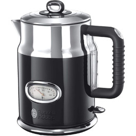 Електрочайник Russell Hobbs Retro 1,7 л 2400 Вт, чорний, полірована нержавіюча сталь, швидкий нагрів, індикатор температури, зовнішній рівень води, вінтажний дизайн, модель 21671-70
