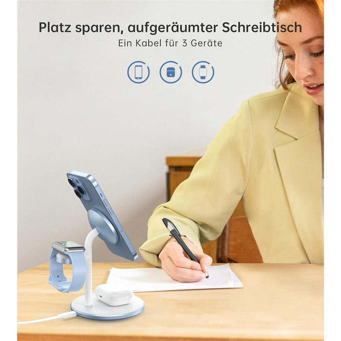 База для бездротової зарядки 3-в-1: iPhone, iWatch, AirPods, 15W, MagSafe, фіолетовий (світло-блакитний)