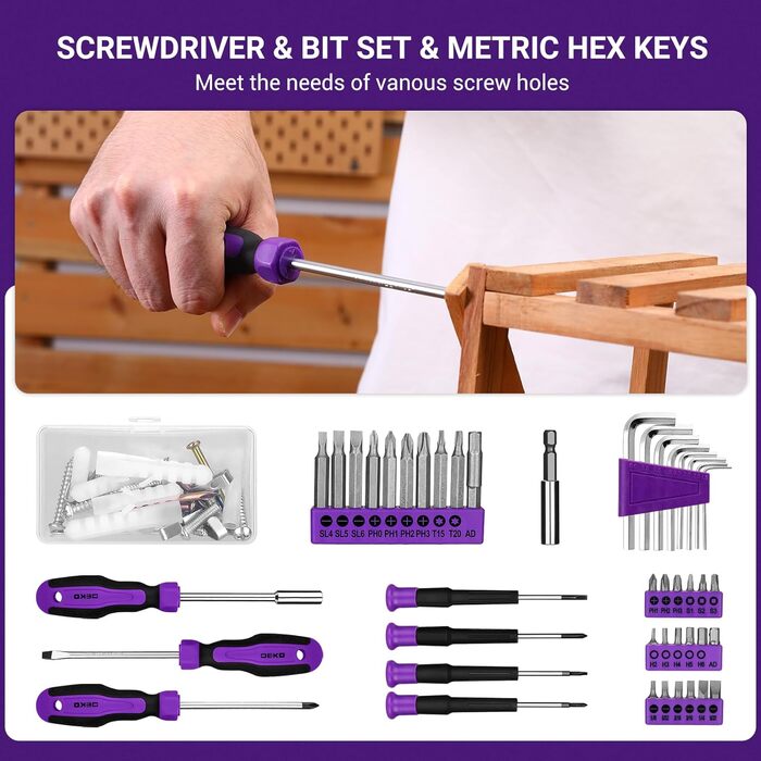 Набір інструментів DEKO 126-tlg. з акумуляторною дрилем: кейс, ящик, професійний набір для дому, офісу та саду, фіолетовий