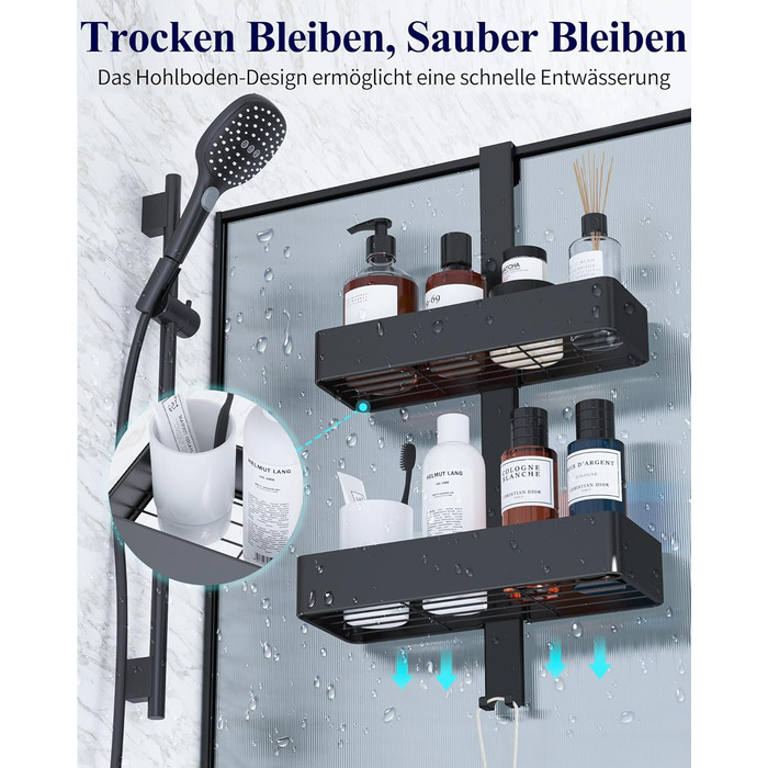 Дзеркальна поличка для душу Kitsure без свердління - 2 яруси, нержавіюча сталь, чорна