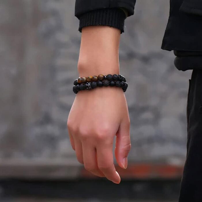 Чоловічий браслет RANKEEF з перлами, набір, 8 мм, еластичний, чорний кришталь, браслет з тигрового ока, лава, білий камінь