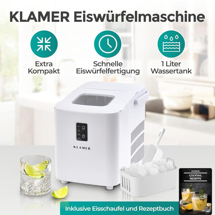 Машина для приготування льоду KLAMER: компактна модель з черпаком та 2 розмірами кубиків льоду - 10 кубиків за 7 хвилин, 15 кг на день, тихий Ice Maker з таймером (1л, білий)