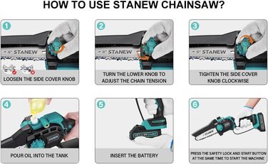 Міні-бензопила STANEW з 2 акумуляторами 2000mAh та зарядним пристроєм, 6 та 8 дюймів, 600W безщітковий двигун, для догляду за садом, обрізки дерев та роботи з деревом. Стандартна комплектація