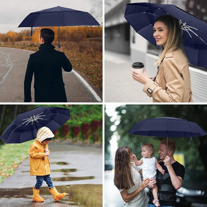 Зонт Herreicher туристичний автоматичний штормостійкий - легкий алюмінієвий каркас, компактний, складаний, двошаровий, тканина 210T, розмах 102 см, 10 спиць, для чоловіків/жінок/дітей/літніх людей (синій)