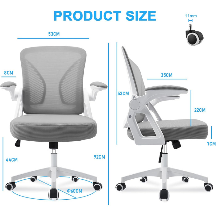 Офісний стіл з регульованими підлокітниками, ергономічний стілець з сітчастою спинкою, підтримка попереку, регульована висота, м'яке сидіння, обертовий на 360°, сірий