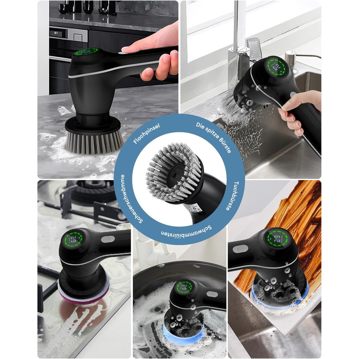 CkeyiN Electric Cleaning Brush, Cordless Grout Cleaner with 7 Replaceable Brush Heads for Bathroom, Car, and Kitchen, Handheld Power Spin Scrubber Grout Brush With LED Display, 2 Modes, Black