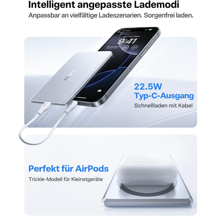 TORRAS MiniMag Ultra Slim Powerbank з MagSafe для iPhone 17 Pro Max, 5000mAh, Швидка зарядка, Бездротовий акумулятор, USB-C, Серія Titan (Сріблястий)