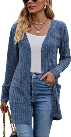 Кардиган жіночий з довгим рукавом, відкритий спереду, на ґудзиках, V-подібний виріз, легкий, з кишенями (XL, темно-синій)