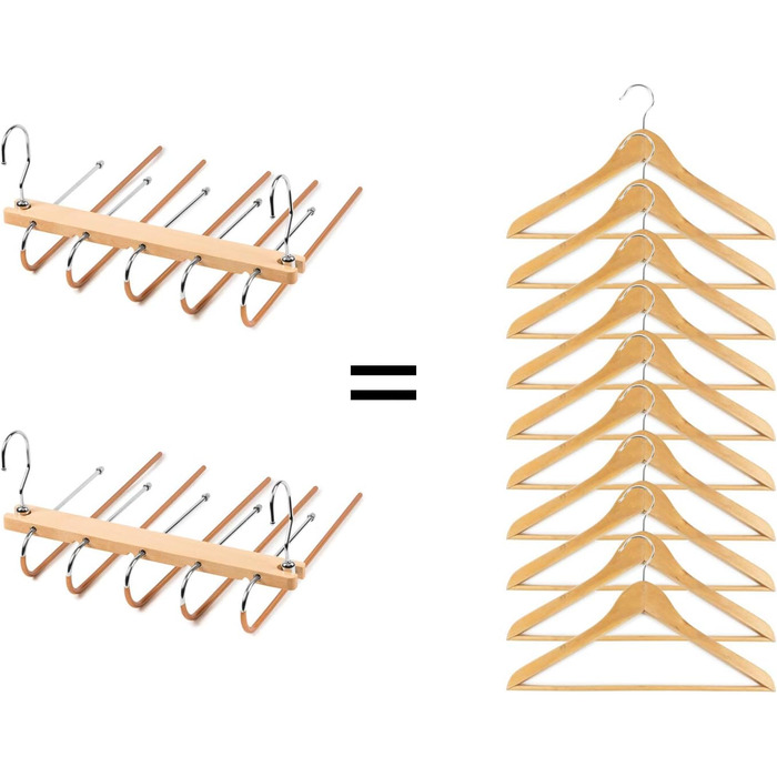 2 Pack Space-Saving Multi-Tiered Hanger - 5 in 1 Pants & Clothes Hanger Made of Wood and Stainless Steel Extendable - Foldable Multi-Hanger - Clothes Hanger Holder - Magic Pant Hangers