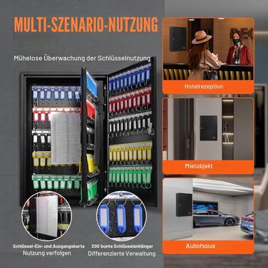 Металевий ключниця-сейф VEVOR на 200 ключів, чорна шафа для ключів із замком, 20 тримачами та картками для маркування