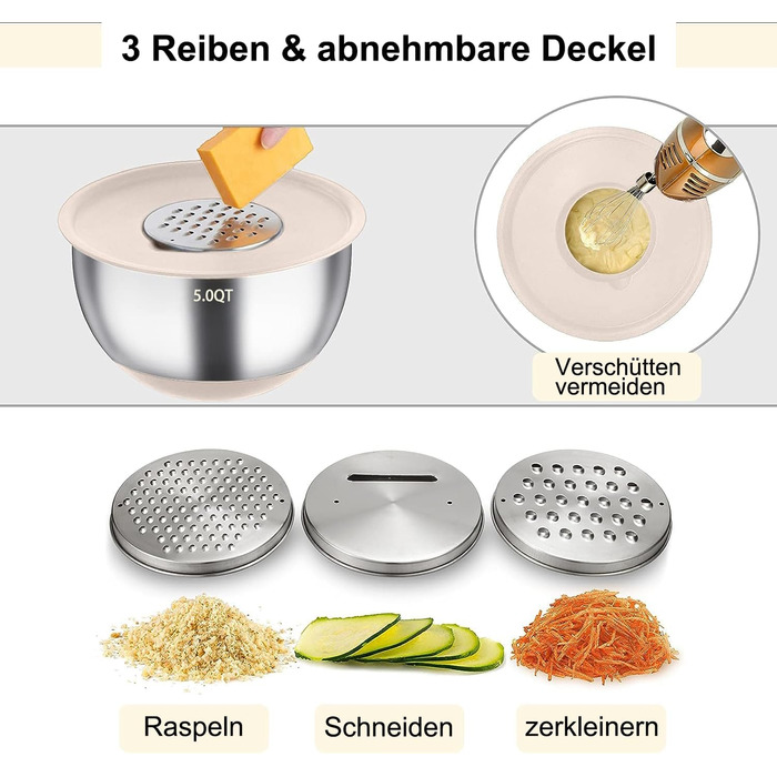 Mixing Bowl Set of 6, Stainless Steel Bowl Salad Bowl Set with Lid & Silicone Bottom, 3 Grater Attachments, 4.7l/3.8l/2.8l/1.9l/1.4l/0.6l, Non-Slip & Stackable - Khaki