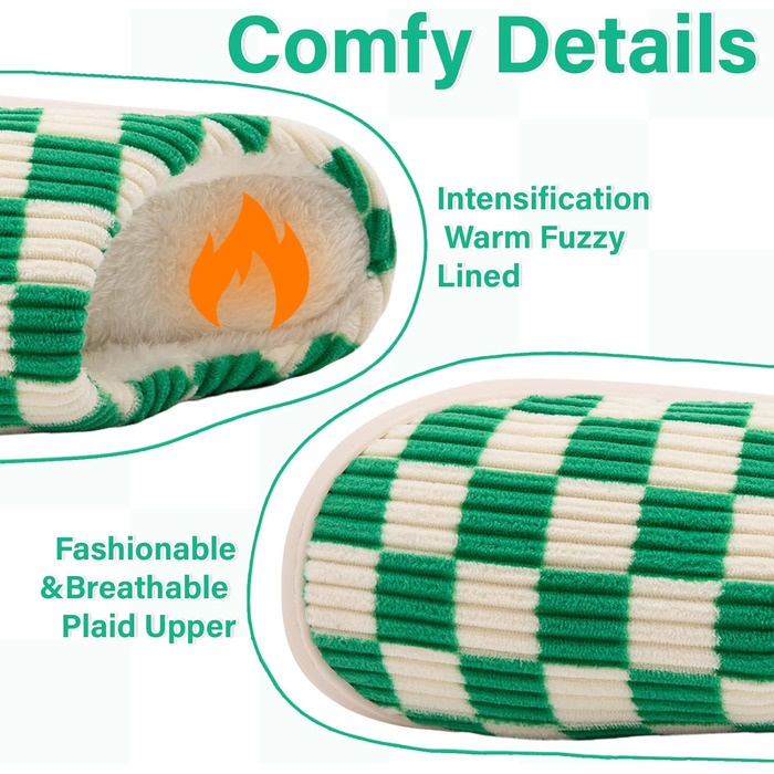 Тапочки додому жіночі та чоловічі, плюшеві, з піною Memory, в клітинку, з антиковзкою підошвою, теплі, з підкладкою з хутра, 40/41 EU, зелені