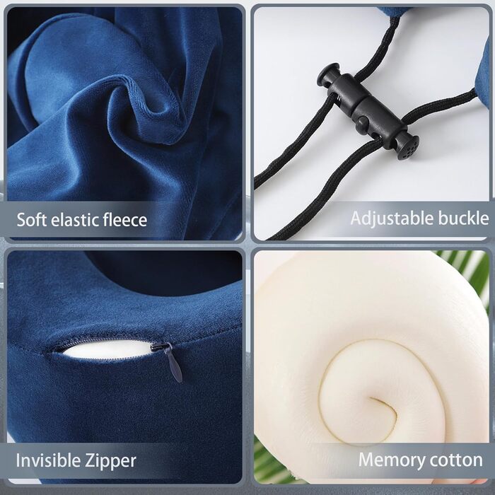 Подушка для шиї Memory Foam | Подушка для подорожей в літак з 95% захистом від світла, регульована, для офісу та сну на боці (Темно-синій)