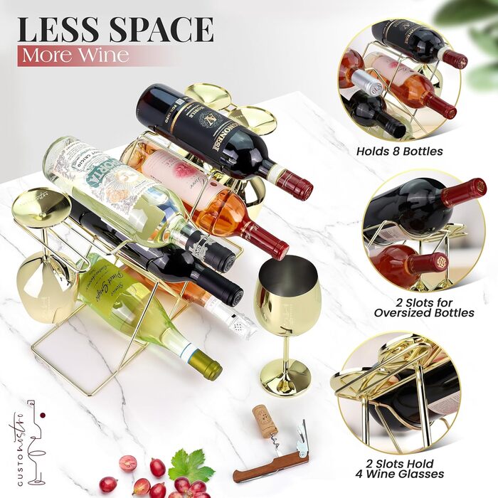 Стійка для вина Gusto Nostro на стіл - Металева, 3-рівнева, для 8 пляшок, без монтажу (Золота)