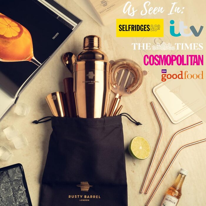 Набір для приготування коктейлів Chelsea Roségold – повний комплект для бармена: шейкер, мадлер, сито, мірний стакан, виливач, ложка, сумка та рецепти. З подарунковою коробкою