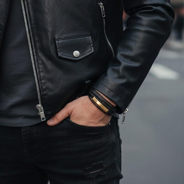 Браслет шкіряний чоловічий Lederarmband з магнітним застібком, регульований (21.5-23 см, золото)