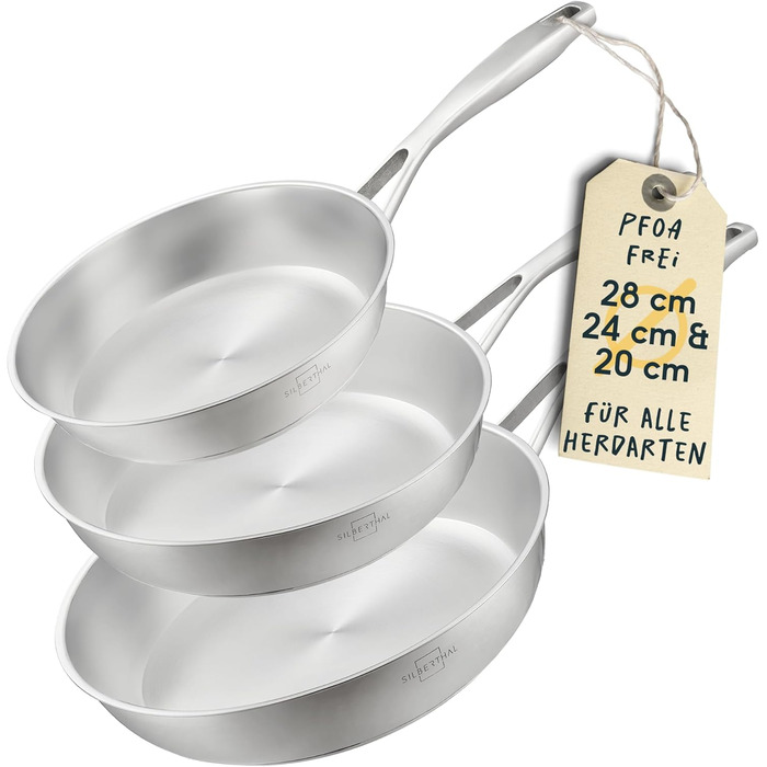 SILBERTHAL 3-Piece Stainless Steel Fry Pan Set - 20, 24, & 28cm - Induction Compatible, Non-Stick, Oven Safe up to 250°F
