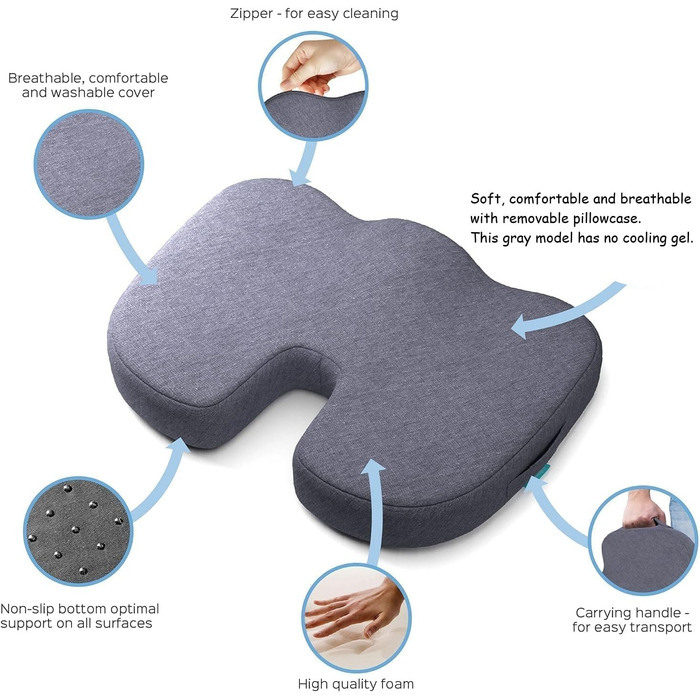Ортопедична подушка для сидіння Bonmedico - Memory Foam Gel з гелевою вставкою для офісного крісла, авто та інвалідного візка (Сірий, Стандарт)