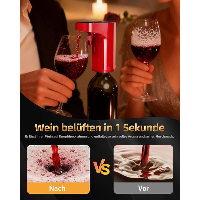 Електричний декантер для вина 5-в-1 з регулюванням дозування та цифровим виливом, автоматичний розливач вина, подарунок на День народження/День Святого Валентина (червоне)