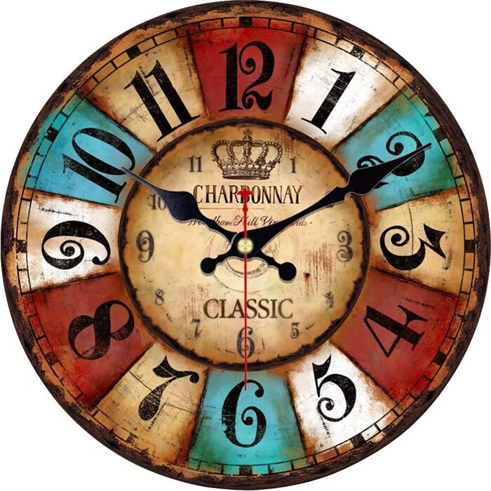 VIKMARI Quartz Wall Clock Wood Silent Hanging Clock, Battery-Powered Round Rustic Clock, Easy to Read Vintage Indoor Wall Clock || 14' (Colorful Arabic Numerals, 30 cm)