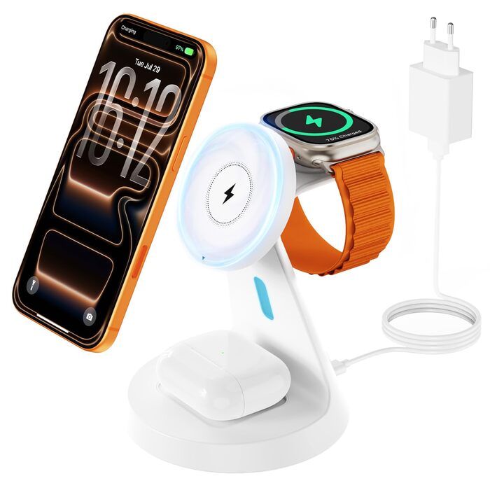 Зарядна станція JoyGeek 3-в-1 для Apple Watch, iPhone (MagSafe), AirPods (біла) - Бездротова зарядка для iPhone 12-15, iWatch 11-2/Ultra/SE, Airpods 2-4