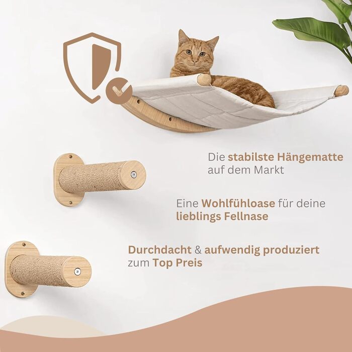 AZANO® Cat Wall | Cat Hammock XL [Extra Stable and Large] with Cat Ladder for the Wall | Cat Ladder with Sleeping Place | Climbing Cat Bed made of Natural Wood | 3-Piece (with Scratching Posts)