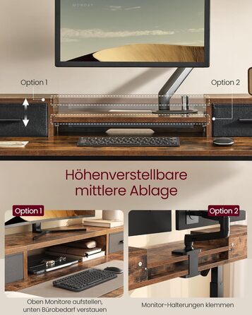 VASAGLE Electric Standing Desk - Adjustable Height, 140x60cm, with Monitor Stand, Power Strip, Hooks, Memory Function - Vintage Brown