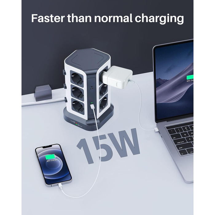 Блок розеток KOOSLA з USB-C, 12 розеток, 3680W/16A, захист від перенапруги 1500J, індивідуальне вмикання, 5м кабель, сірий