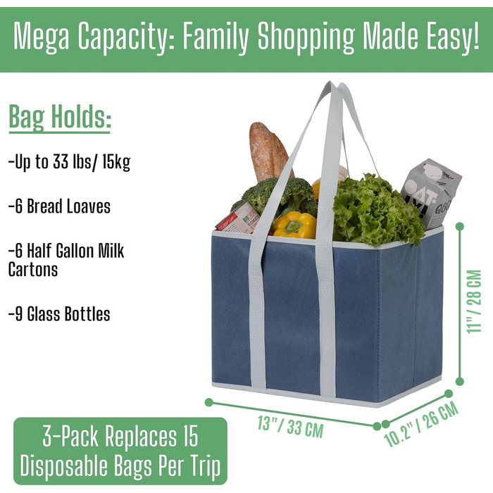 23.5 Liter Large Collapsible Shopping Bag, Folding Boxes with Reinforced Bottom, Reusable Shopping Bags, Holds Up To 15 kg Shopping Bag (3-Pack) (Dark Blue)