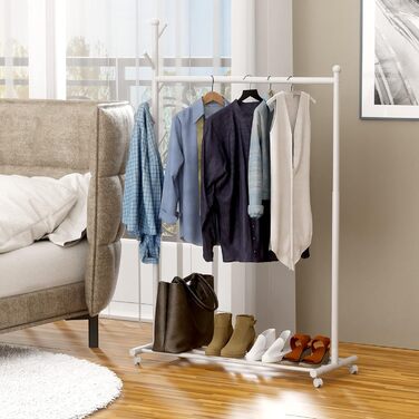 Clothes Rack Clothes Hanger Portable - Rolling Clothes Rack on Wheels With Bottom Shelves (White)