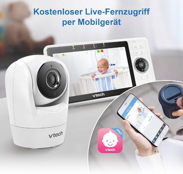 Vtech VM901-1W WiFi камера: розумний дитячий монітор з 5-дюймовим HD-дисплеєм, 1080P, поворотна камера, мобільний додаток, широкий кут огляду 120°, сумісність з iOS та Android