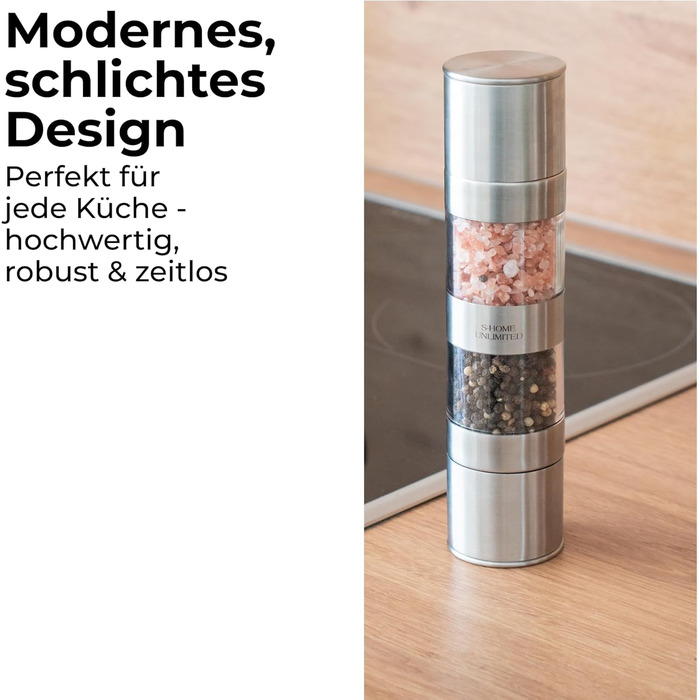 Мельниця для солі та перцю 2-в-1 з нержавіючої сталі | Ручна мельниця для спецій з керамічним жорном та регульованим ступенем помелу