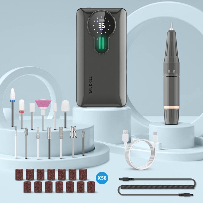 Професійний нігтефрезер ENGERWALL 35000 об/хв з акумулятором 20 годин, електрична машинка для манікюру з 7 насадками, бездротова, для акрилу та гелю, срібляста (Pro).