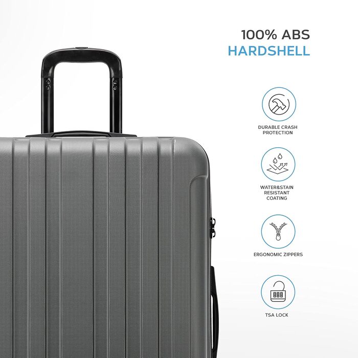 Набір легких валіз Flight Knight Premium (S 55см, M 67см, L 76.5см) з ABS-пластику, TSA-замком та USB-портом, 8 коліс-спінерів, Антрацит/Шампанське