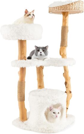 Дерев'яна кігтеточка SOARS для котів з 3 природними стовбурами, ліжком та плюшевими поверхнями, з іграшковим м'ячиком та джутовим мотузком, багатоповерхова, біла (124 см)