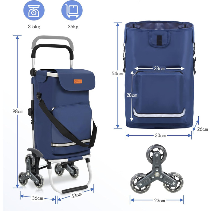 Тролей для покупок Sekey XXL з підйомником для сходів, 3-колісний вагончик для кемпінгу та покупок, регульована ручка, алюміній 3-в-1, з відділенням для їжі та напоїв (Блакитний)