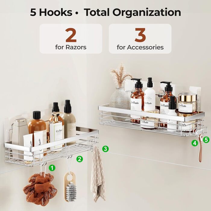 Полка для душу Orimade без свердління з 5 гачками, 2 шт. з нержавіючої сталі, срібло