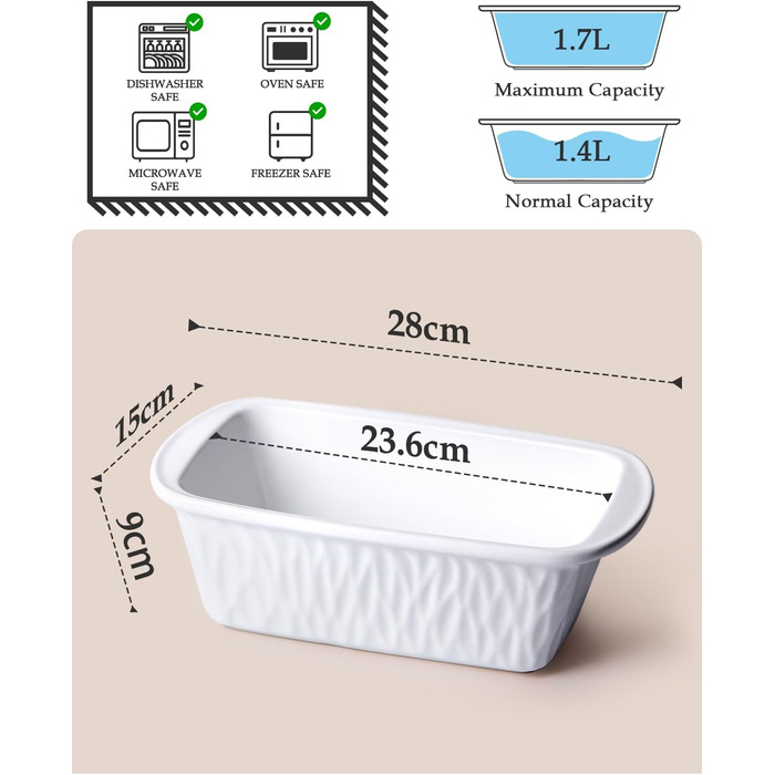 NUTRIUPS Ceramic Loaf Pan, 28 cm x 15 cm, Rectangular, for Baking, Porcelain, Non-Stick Coating, White