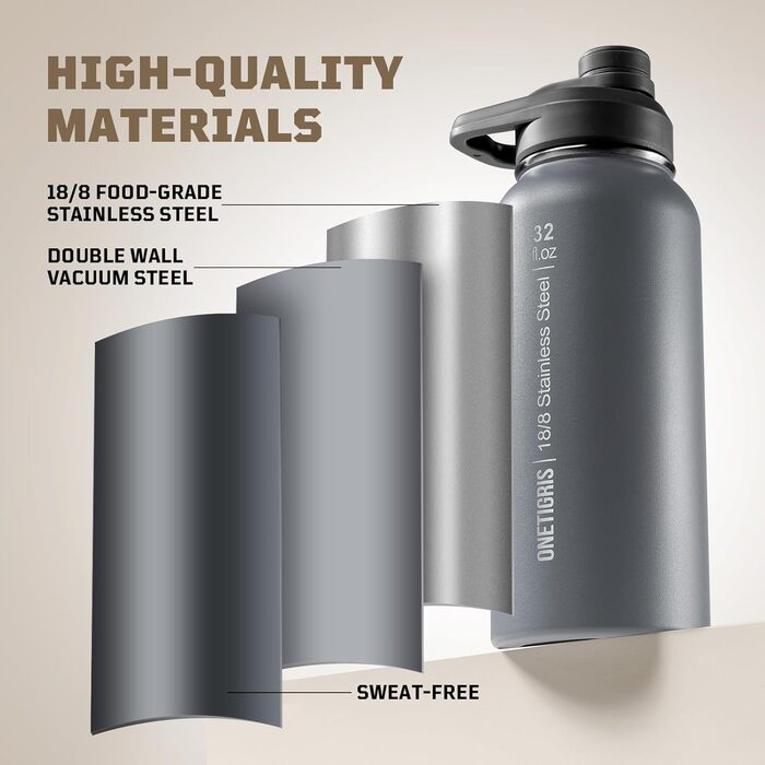 OneTigris Stainless Steel Water Bottle, 0.9L High Capacity, Insulated Sports Bottle for Cycling, Camping, Yoga, Gym, Softair, 32OZ (Gray)