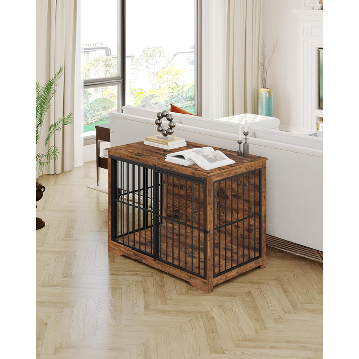 Клітка для собак Hzuaneri, 110 см, 2 двері, сучасний дизайн, для собак малих, середніх та великих порід (до 100 кг), з функцією приліжкового столика, посилена ковзна дверцята, 65 × 110 × 81 см, колір Vintage Brown, DFC84401B