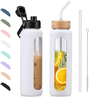 BLUEGO Glass Water Bottle - Sports Water Bottle with 2 Lids and Straw. Leak-proof glass bottle with time marker and measuring scale. BPA-free, (White, 900 ml)