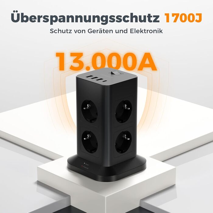 Багатофункціональна мережева розетка TESSAN з 8 розеток, 2 USB-C, захистом від перенапруги, вимикачем та кабелем 2м (3600W)